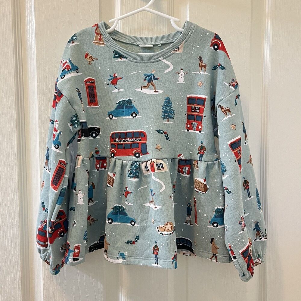 Next UK Christmas in London Peplum Sweatshirt Tunic Top Green Girls Size 6-7 yrs